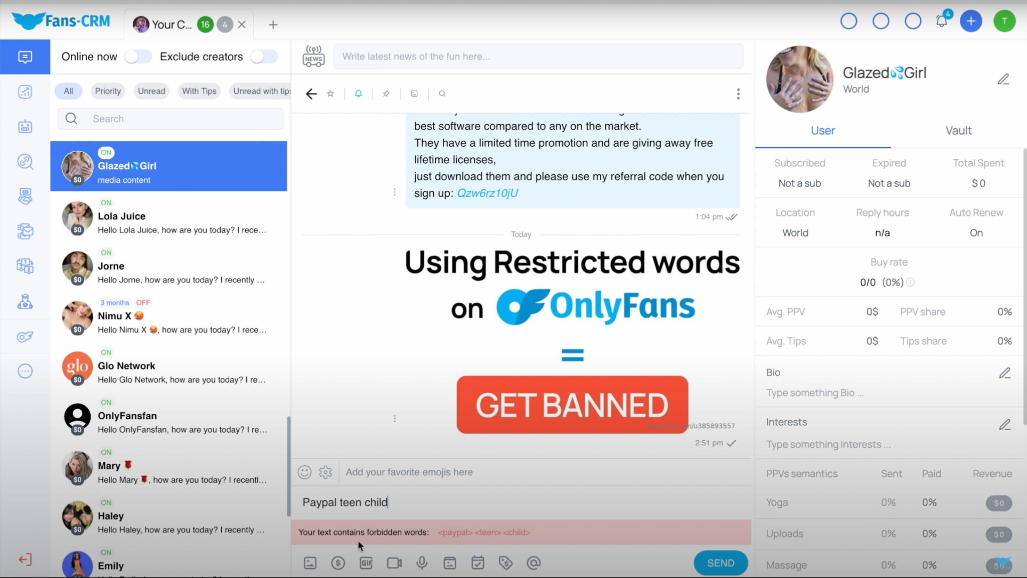 Banned words on OnlyFans